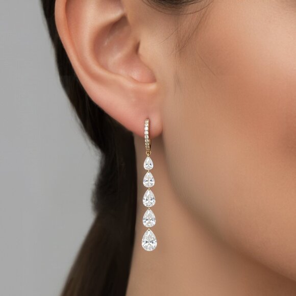 Cascading Pear 14K (or 18k upon request) Gold Pave Hoops Drop Earrings - Picture 3 of 3